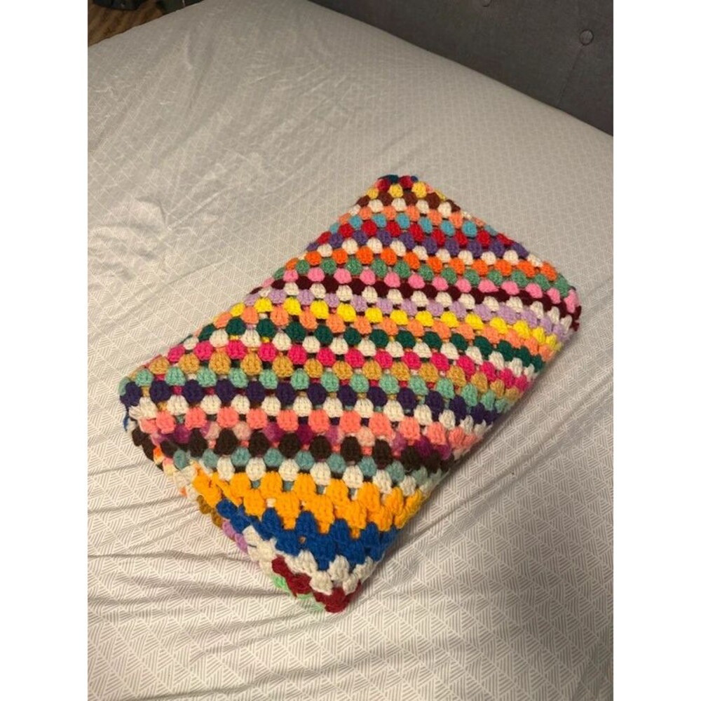 Vintage Multicolor Crochet Afghan 70x44 Granny Square Blanket Handmade Boho Thro - Picture 8 of 8